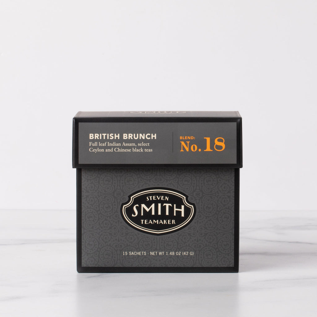 Black box of British Brunch full-leaf black tea sachets with Smith shield in center of box.