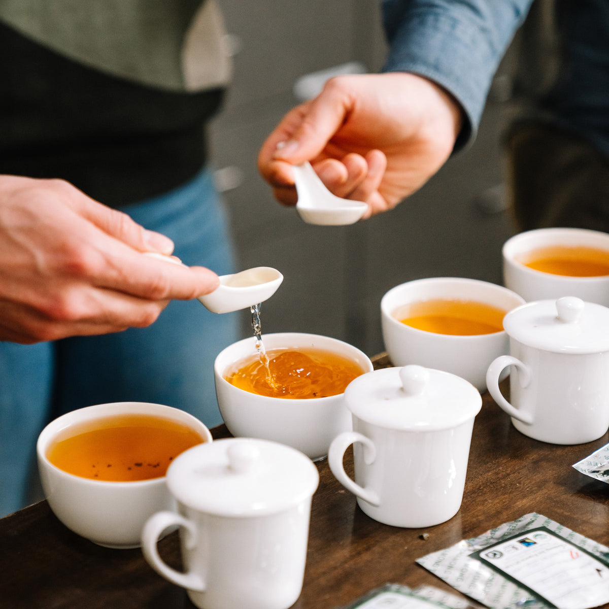 Sample spoons dipping into sample cups filled with golden colored tea.